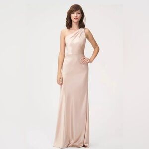 Jenny Yoo Bridesmaid Women's Size 2 Lena Satin One Shoulder Maxi Dress In Petal